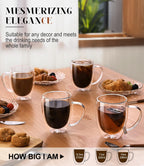 OJA Double Wall Glass Coffee Mugs Set of 4, Hand Blown 12.5OZ Clear Glass Coffee Cups, Insulated Tea Mug, Perfect for Espresso, Cappuccino, Latte, American,Tea Bag, Beverage