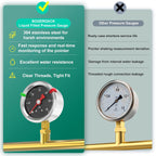 0-60PSI Stainless Steel Glycerin Filled Pressure Gauge 1.5" Black Dial Size, 1/8" NPT Lower Mount, for Tube, Water Pump, Gas, Liquid, Pressure Test (with Range Mark Pointer)