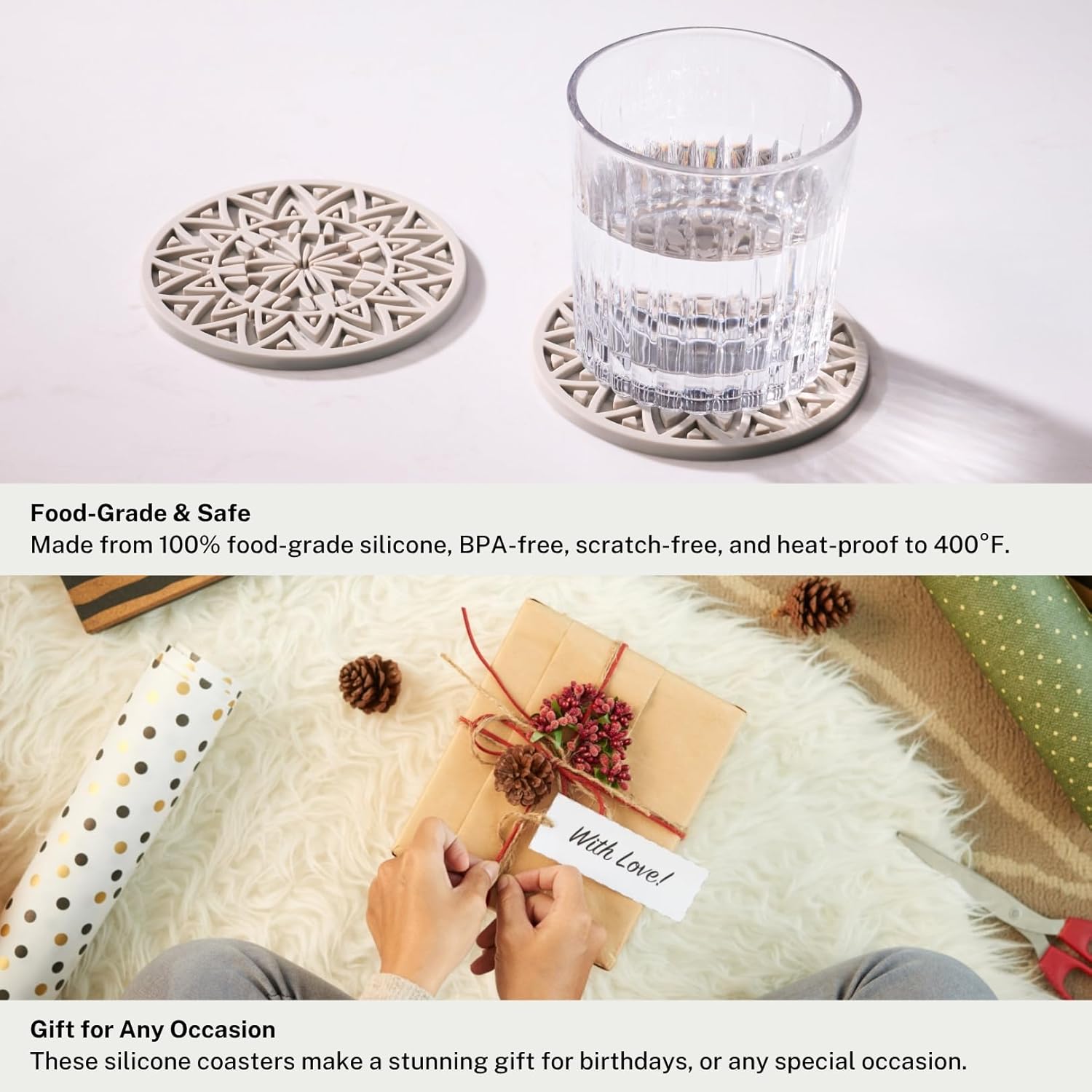 Set of 6 Light Taupe Silicone Coasters with Holder, Drink Coasters with Tribal Pattern Shape- for Table Protection, Anti Slip, Nonstick, Heat Resistant, Deep Tray