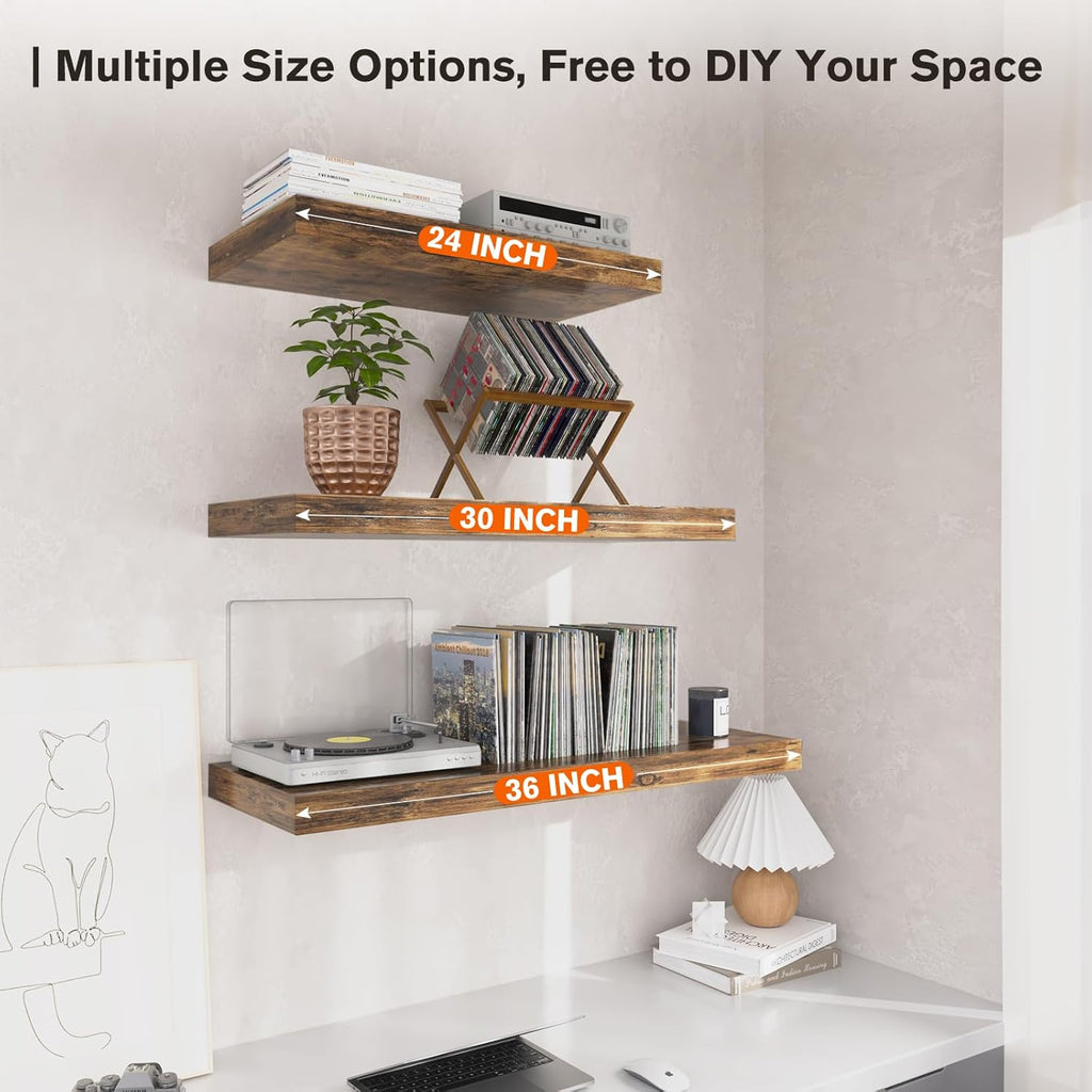 Floating Shelf, Set of 1 Wall Shelf, 24 in W x 12.75 in D x 2 in H Wooden Floating Wall Shelf with Invisible Brackets for Living Room/Bedroom/Bathroom/Kitchen Storage and Decor, Rustic Brown