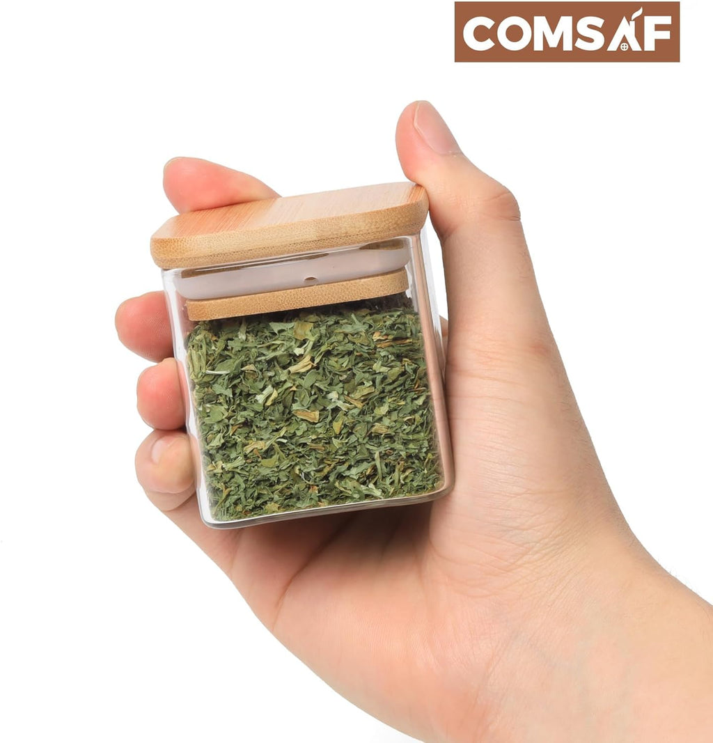 ComSaf 12Pcs Glass Spice Jars with Bamboo Lid, 4oz Airtight Square Spice Containers with 275 Black Lables, Empty Seasoning Jars for Spice Salt Sugar