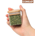 ComSaf 12Pcs Glass Spice Jars with Bamboo Lid, 4oz Airtight Square Spice Containers with 275 Black Lables, Empty Seasoning Jars for Spice Salt Sugar