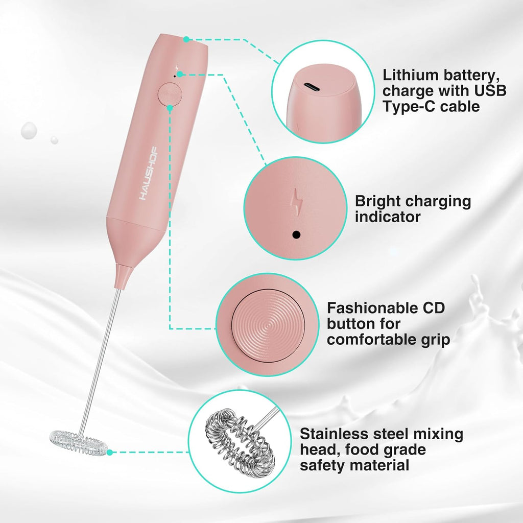 HAUSHOF Powerful Rechargeable Milk Frother Wand with Stand, Handheld Electric Foam Maker, Drink Mixer with Detachable Stainless Steel Whisk for Coffee Latte, Cappuccino, Matcha, Pink