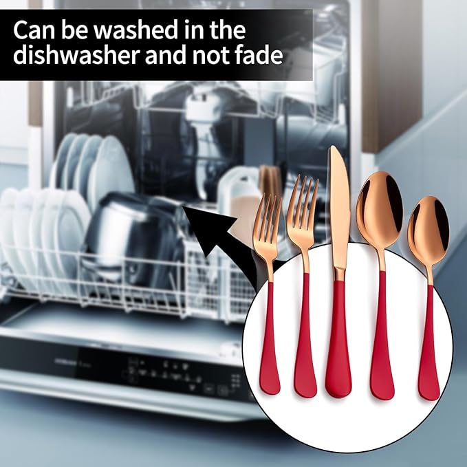 20-Pieces Rose Gold and Red Silverware Sets for 4,Red Handle Stainless Steel Cutlery Set, Include Forks Spoons and Knives Set, Dishwasher Safe Utensil Sets for Home Restaurant
