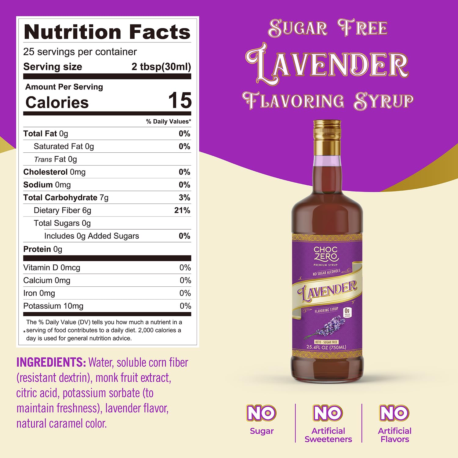 ChocZero Coffee Syrup, Lavender Flavor, Sugar Free Syrup for Drinks, Keto Friendly, 25.4 Fluid Ounces