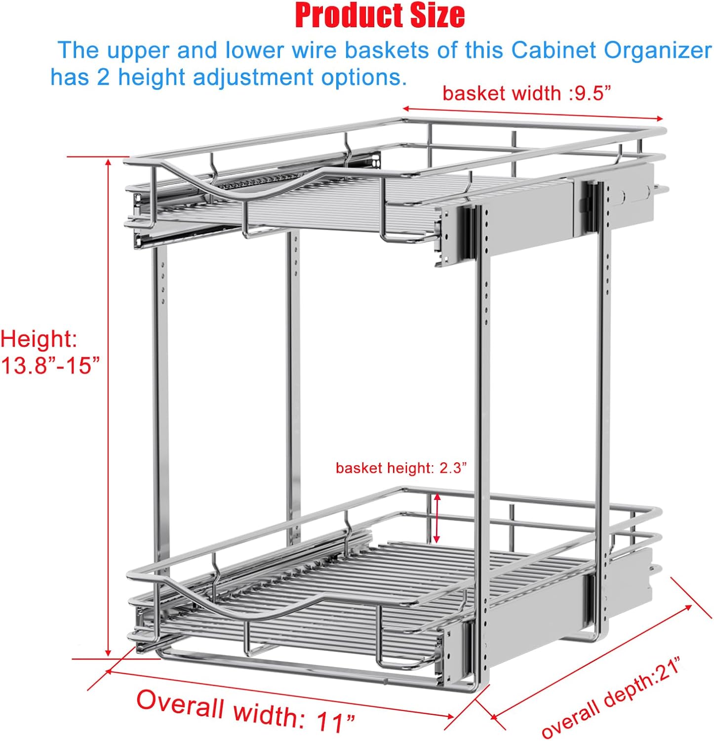 DINDON 2 Tier Pull Out Cabinet Organizer (11"W X 21"D), Double Tier Wire Basket Slide Out Shelf Storage for Kitchen Base Cabinet Organization for Kitchen, Pantry, Bathroom, Chrome