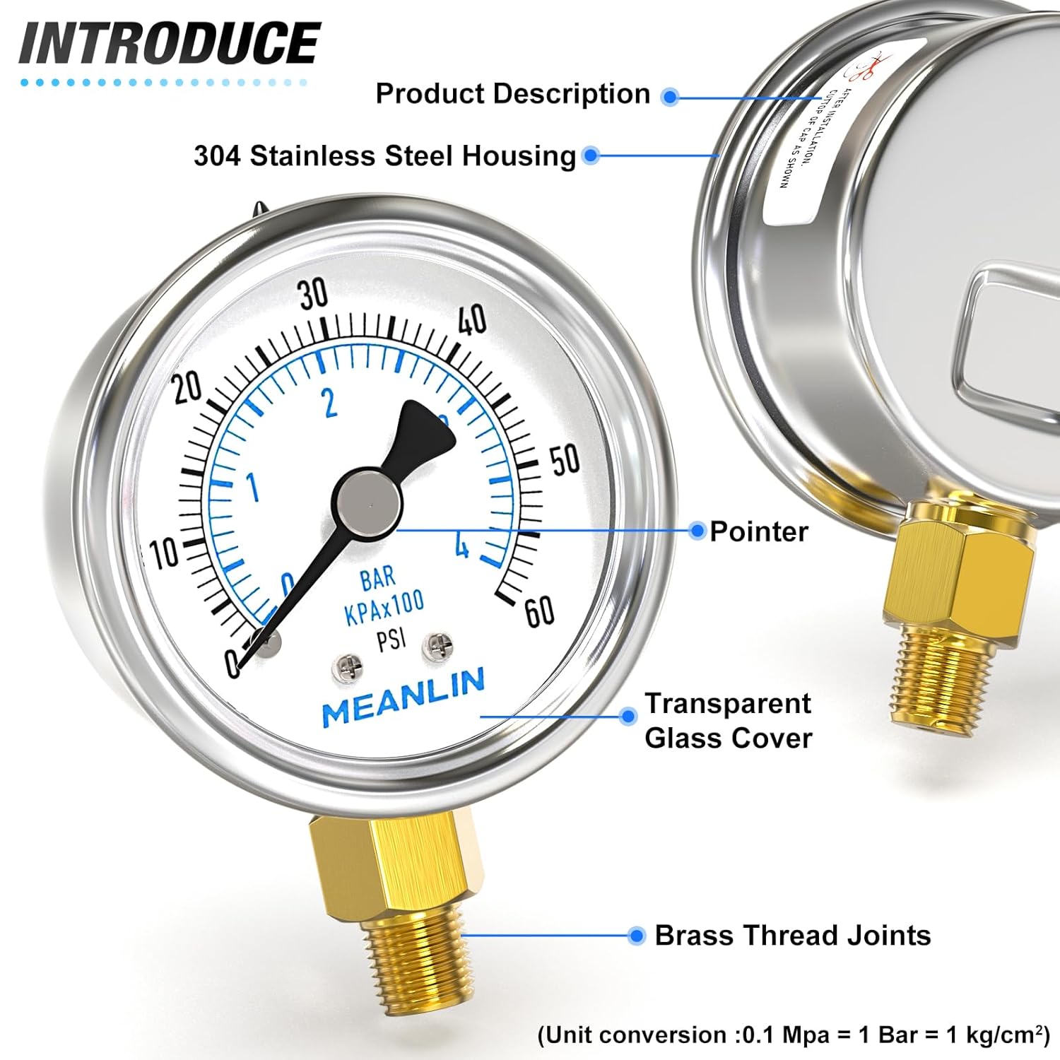 MEANLIN MEASURE 0~60Psi Dry Pressure Gauge Stainless Steel 1/8" NPT 2" FACE DIAL Waterproof for Pool Filter Pump Oil Air Compressor Tire Pressure Tester Lower Mount with 1/4" NPT and 3/8" NPT Hex Bush
