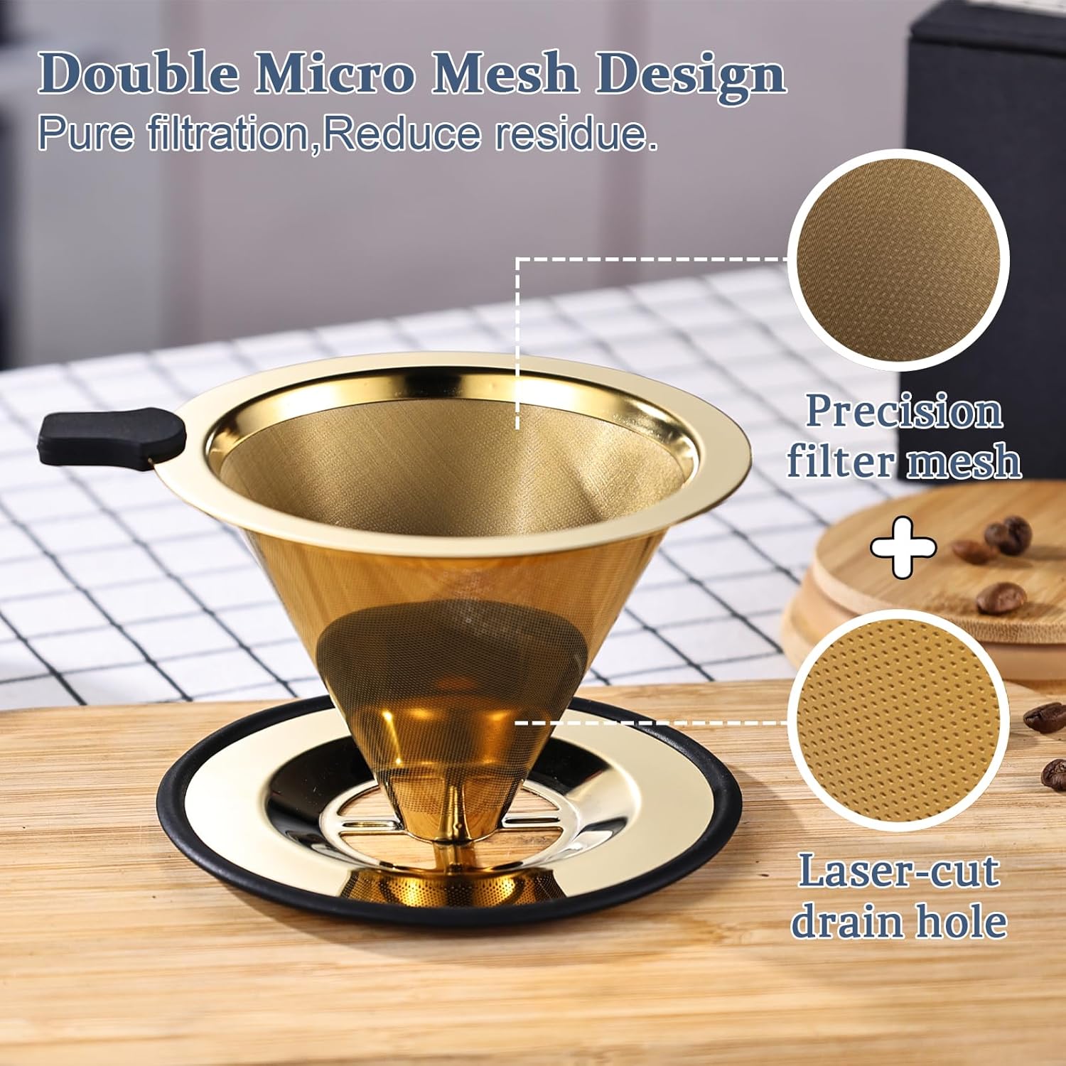 Small Size Pour Over Coffee Dripper, Stainless Steel Metal Cone Drip Coffee Filter, Paperless and Permanently Reusable, Double Mesh Coffee,TeaFilter for 1-2 Cups