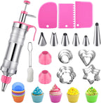 Dessert Decorating Syringe Set,Stainless Steels Cake Decorating Kit,Frosting Piping Kit,Cake Decorating Gun,Icing Piping Kit with 6 Piping Tips 9 Cupcakes 1 Brush & 12 Cookie Cutters