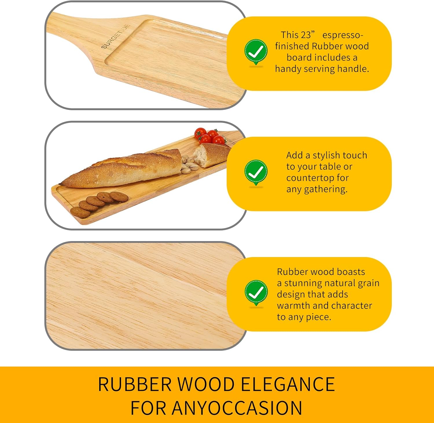 Premium Rubberwood Charcuterie Board with Handle – Durable Wooden Serving Platter for Cheese, Meat, and Appetizers – Perfect for Entertaining, Parties, and Gifts