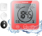 KADAMS Shower Clock Waterproof Bathroom Timer – Digital Wall Clock with Countdown, Magnetic Kitchen Clock with Temperature & Humidity, Suction Cup for Kids Shower Spa Sauna Cook Bath (Red)