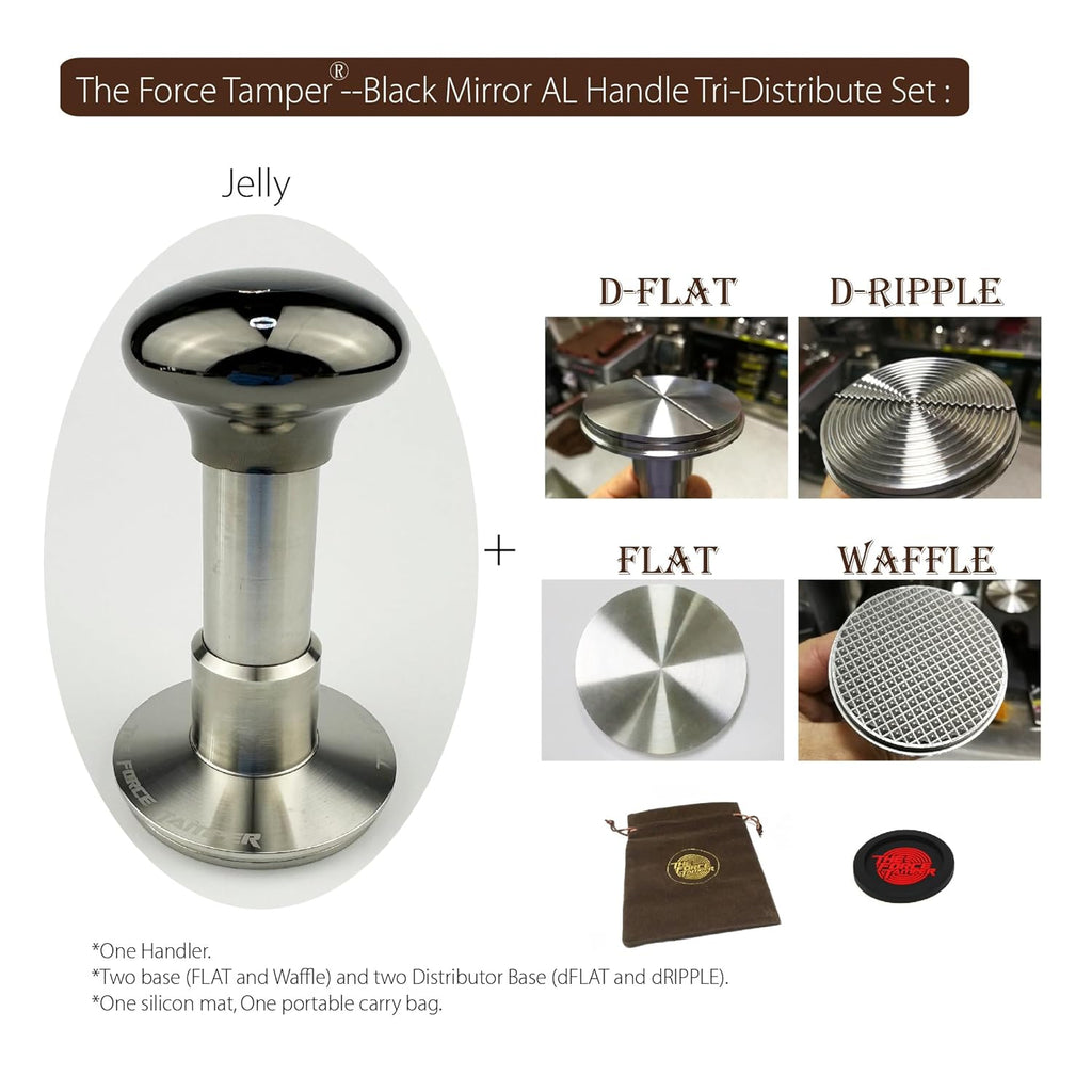 The Force Tamper Automatic Impact Adjustable Constant Pressure and Autoleveling Coffee Tamper Black Mirror Jellyfish AL Handle Set Pro (TRI-Distribute Set, 58.50mm)