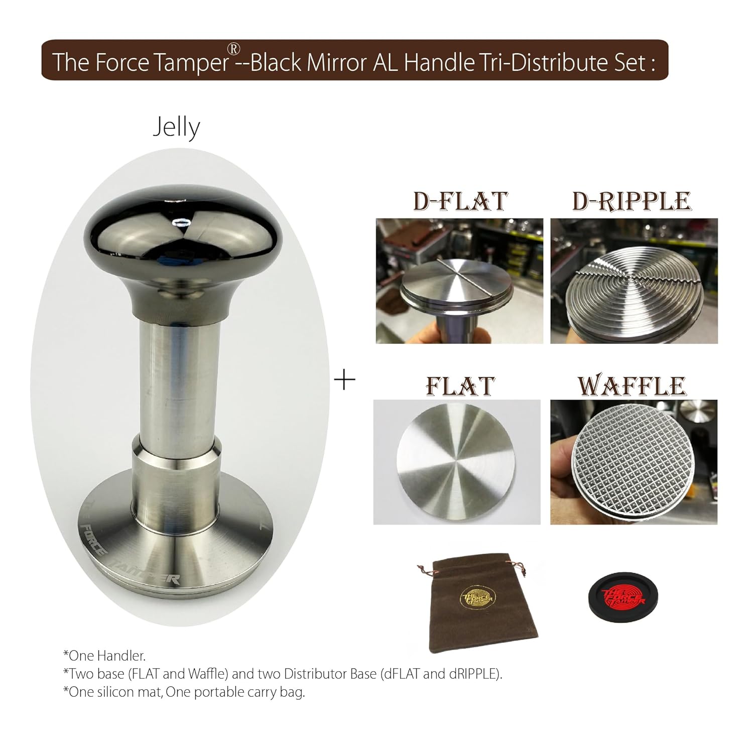 The Force Tamper Automatic Impact Adjustable Constant Pressure and Autoleveling Coffee Tamper Black Mirror Jellyfish AL Handle Set Pro (TRI-Distribute Set, 58.50mm)