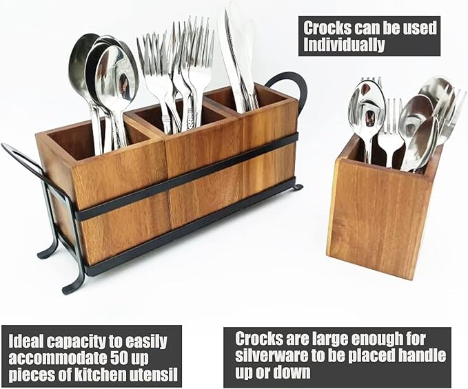 Utensil Caddy Silverware Cutlery Holder with 3 Compartment, Wooden Utensil Crock Flatware Organizers with Metal Tray, Rustic Kitchen Utensil Organizers for Farmhouse Kitchen and Countertop