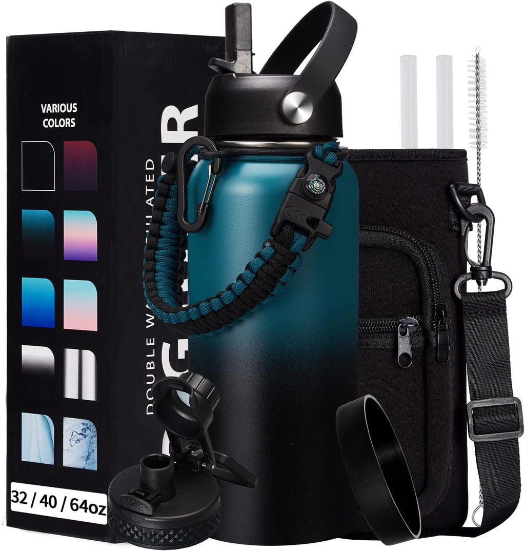 32/40/64/128 oz Insulated Water Bottle with straw & Spout Lids Keep Cold 48H Hot 24H, Large Water Flask Bottle with Shoulder Carrier Bag, Paracord Handle & Boot for Gym, Workout & Beach