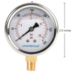 Glycerin Filled Pressure Gauge 300psi/20bar, Stainless Steel case, Brass Inside Construction, 2-1/2" dial, 1/4" NPT Rear Connection.