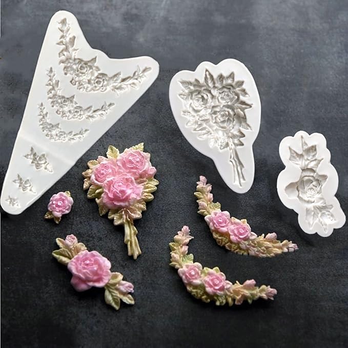 3Pcs Rose Wreath Flower Bouquet Leaves Fondant Molds for Wedding Cake Decorating Cupcake Topper Candy Chocolate Gum Paste Polymer Clay
