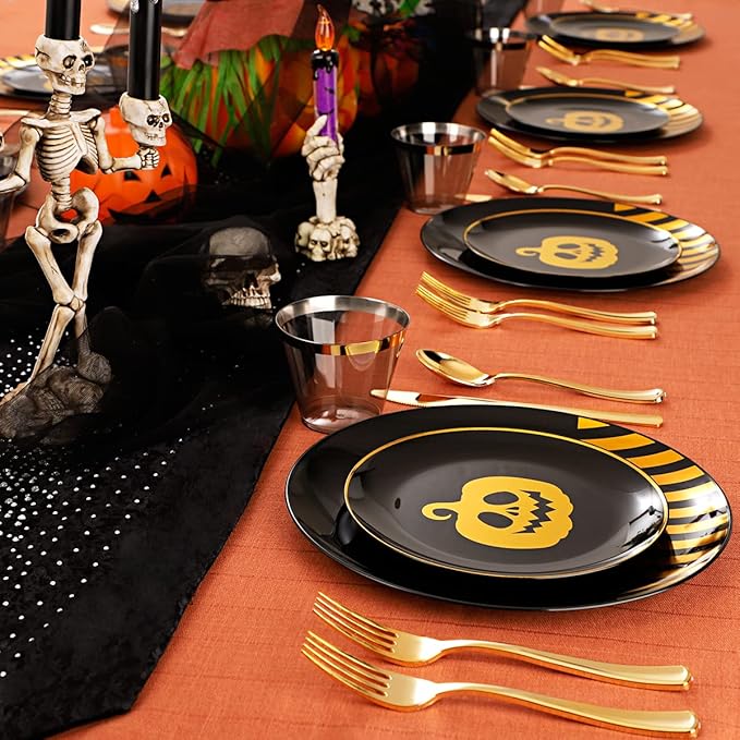 KIRE 25 Guest Halloween Plates Black Gold Plastic Plates Smiley Pumpkin include 50PCS Black &150PCS Gold Plastic Silverware&25PCS Clear Black Cups for Halloween Party