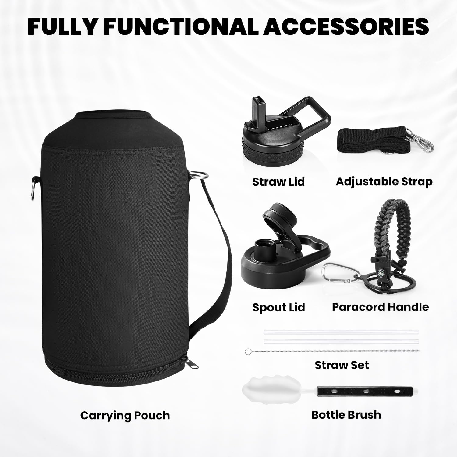 One Gallon Water Bottle Insulated, Triple Walled Vacuum Stainless Steel (Cold for 48 Hrs), Leak Proof & Non-BPA, Large Water Flask Jug with Paracord Handle & Straw Spout Lids