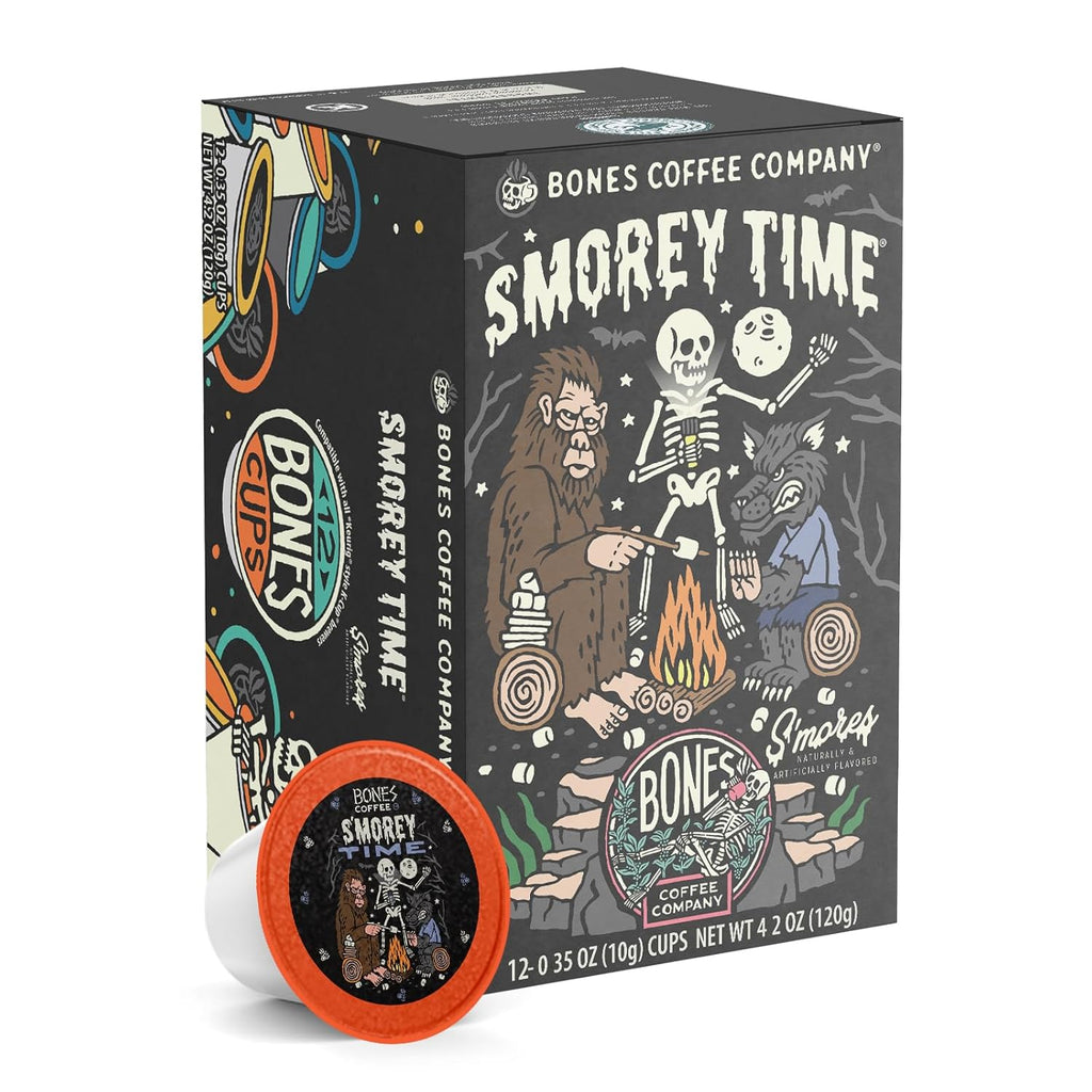 Bones Coffee Company Flavored Coffee Bones Cups S'morey Time S'mores and Graham Crackers | 12ct Single-Serve Coffee Pods Compatible with Keurig 1.0 & 2.0 Keurig Coffee Maker