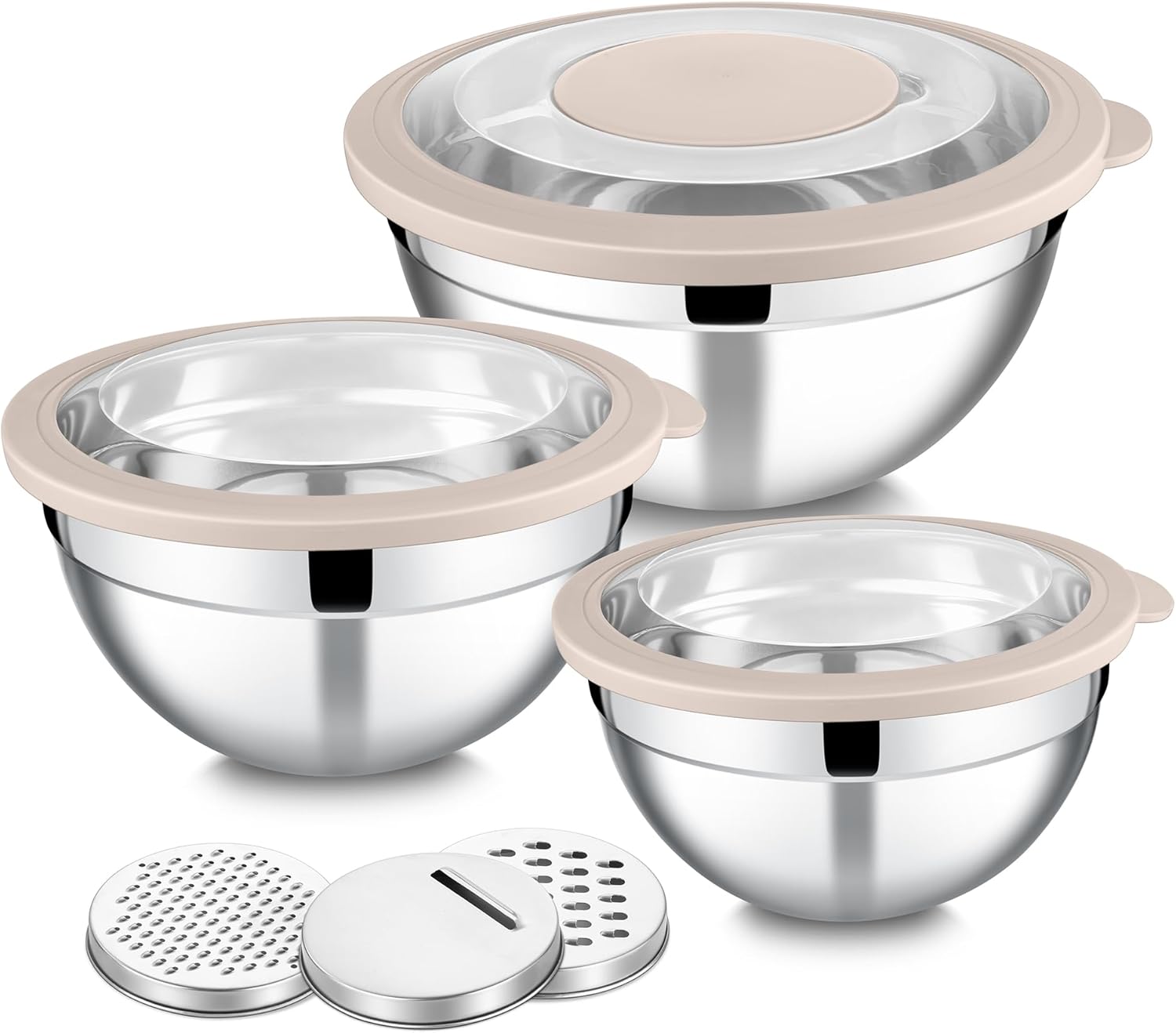E-far Mixing Bowls with Lids and Graters, Stainless Steel Salad Mixing Bowl with Transparent Lid Set of 3, Metal Nesting Salad Storage for Kitchen Prepping/Serving/Baking, 4.6/2.6/1.5QT - Khaki