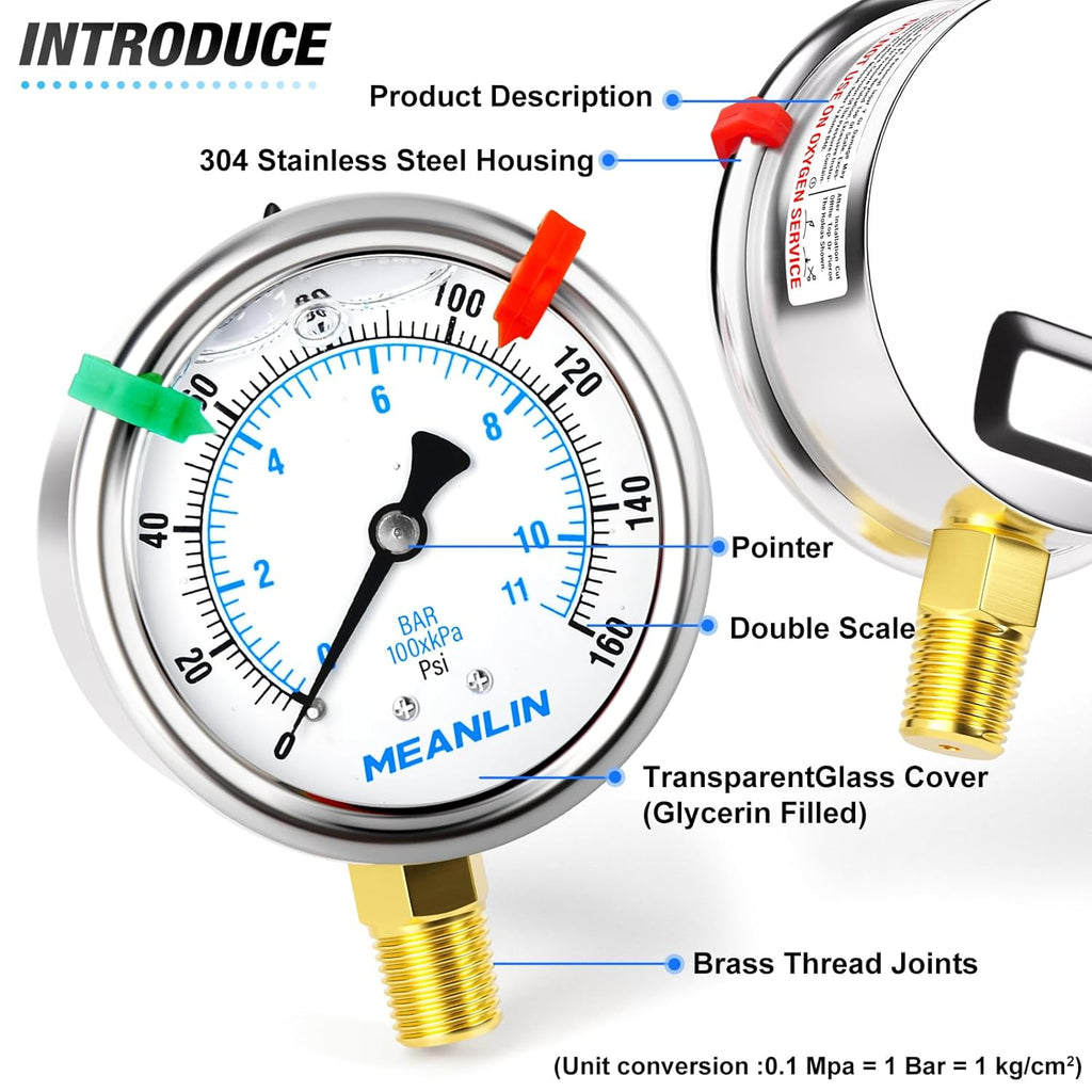 MEANLIN MEASURE 0~160Psi Liquid Filled Pressure Gauge 1/4" NPT 2.5" FACE DIAL Stainless Steel Glycerin Filled WOG Water Oil Air Lower Mount (with 2PCS Snaps)