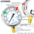 MEANLIN MEASURE 0~160Psi Liquid Filled Pressure Gauge 1/4" NPT 2.5" FACE DIAL Stainless Steel Glycerin Filled WOG Water Oil Air Lower Mount (with 2PCS Snaps)