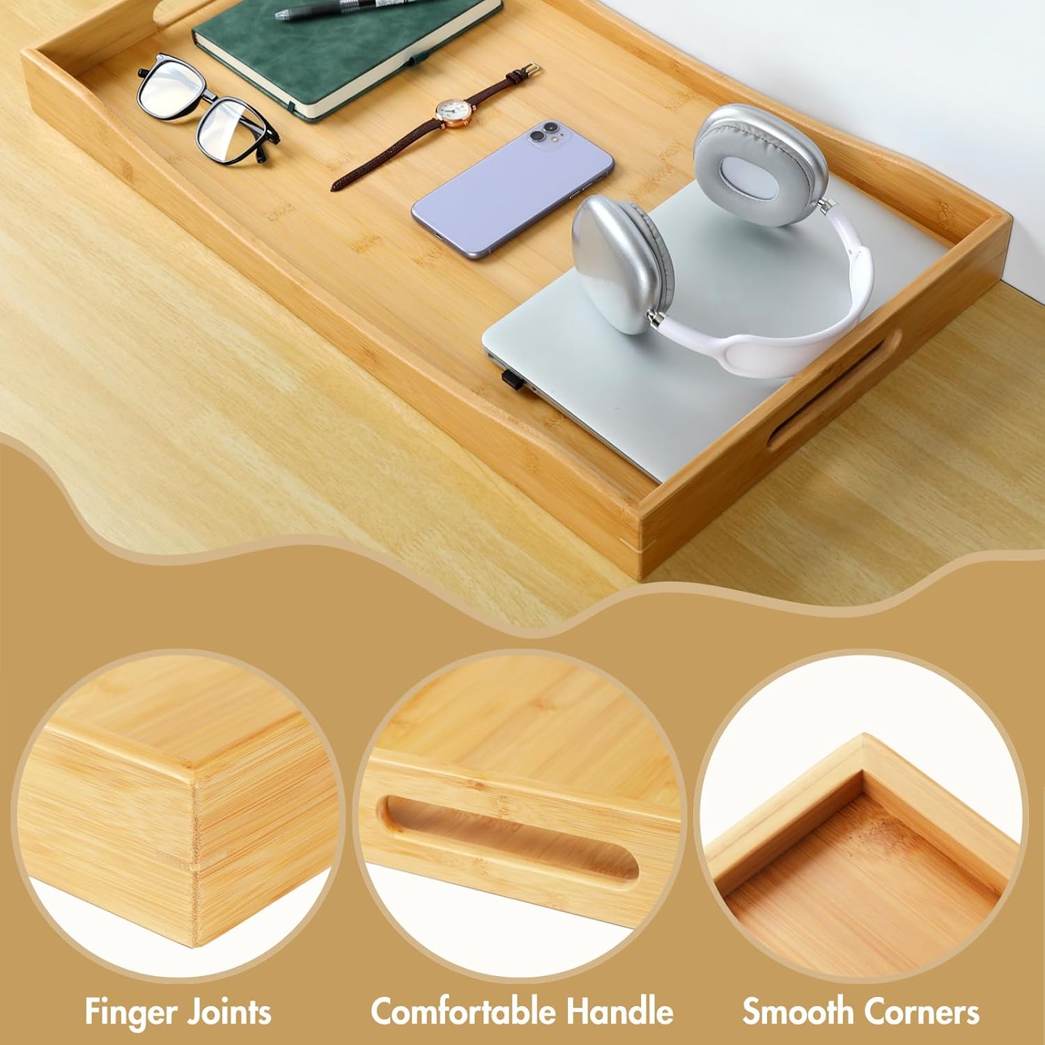 GOBAM Bamboo Extra Large Ottoman Tray, 26 x 15 inches - Wooden Tray for Dining Table & Parties, Serving Tray with Handles for Food, Cheese, Snacks, Tea, Coffee & Wine