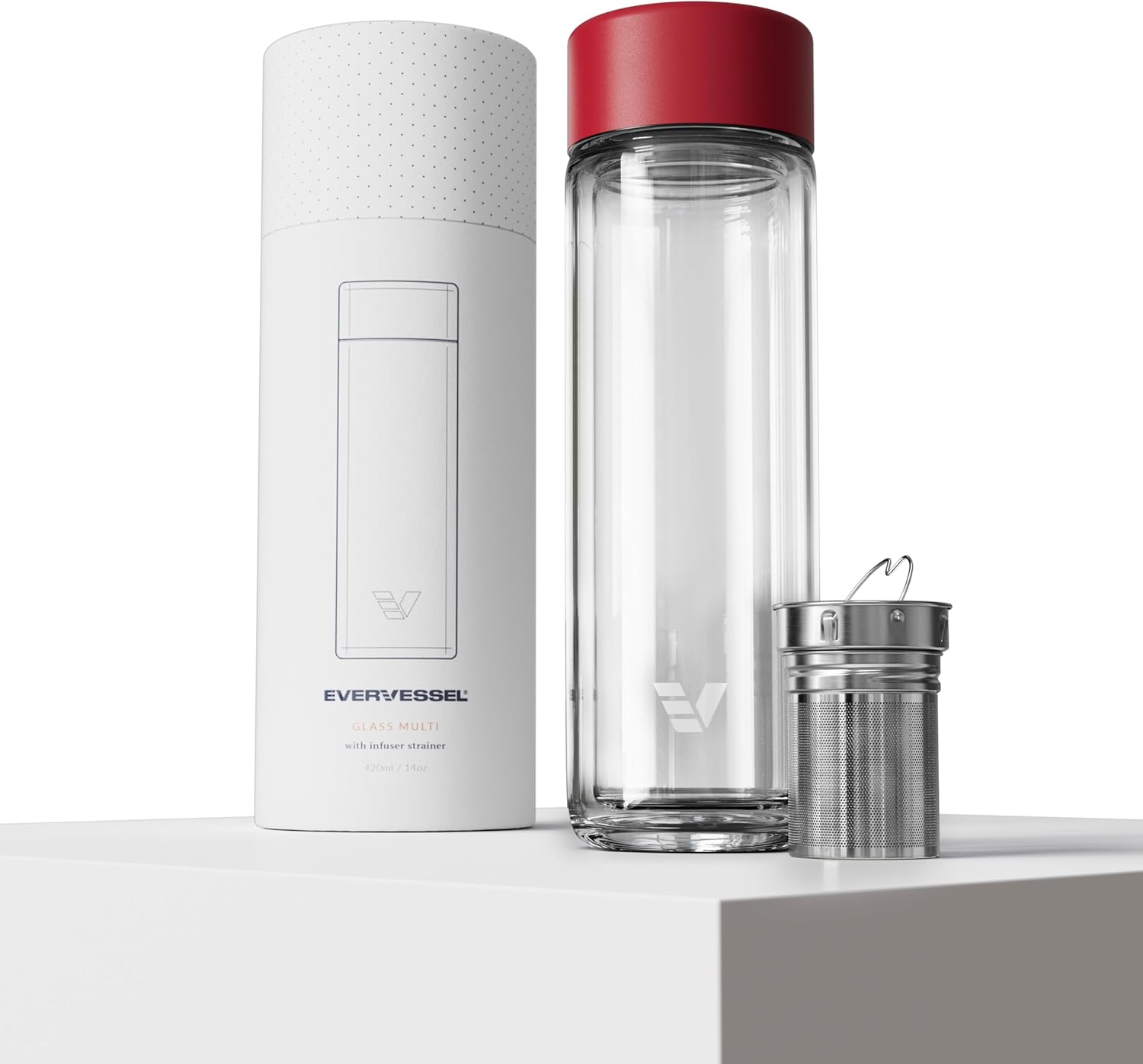 Glass Multi Tea Infuser Bottle 14oz - Double Wall Borosilicate Glass Flask | No Plastic Touches Contents | Perfect for Office or Home - Red