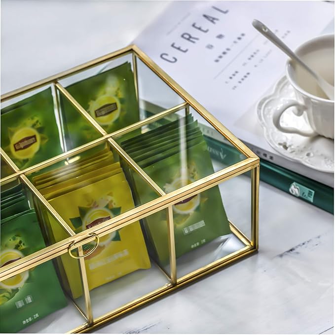NCYP Glass Tea Bags Organizer with Lid, 8 Compartments Teabag Container, Indoor Counter Top Brass Display Case, 12" x 7.1" x 3.7" Teabag Storage Box, Gold Decor (Glass Box Only)