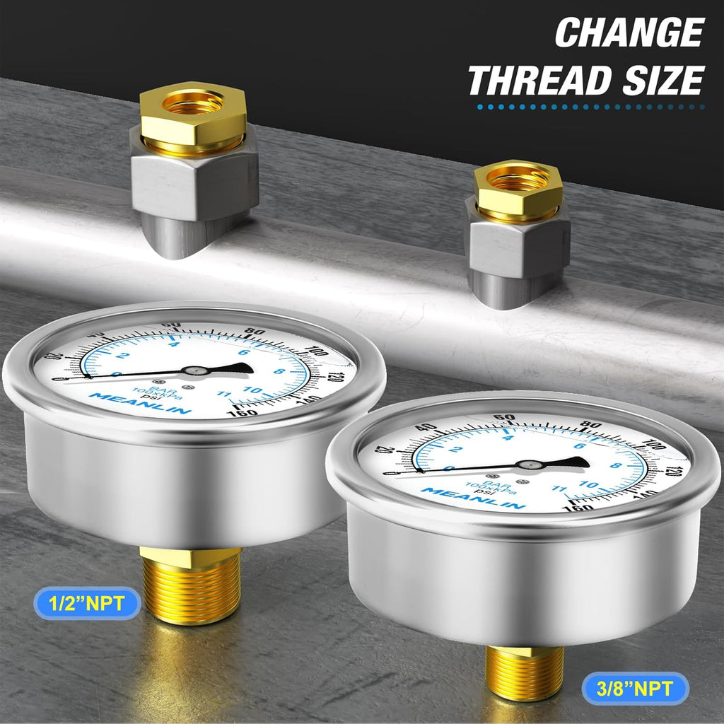 MEANLIN MEASURE 0~160Psi Stainless Steel 1/4" NPT 4" FACE DIAL Liquid Filled Pressure Gauge WOG Water Oil Air Back Mount, with 1/4" x 1/2" NPT and 1/4" x 3/8" NPT Hex Bushing