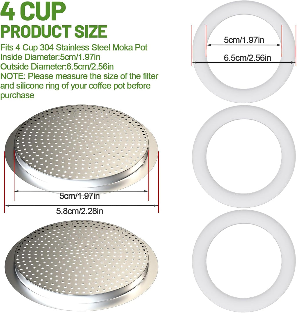 2 Pcs Filter with 3 Pcs Silicone Gasket Seals for 4 Cup Stovetop Espresso Coffee Maker Replacement Parts for 304 Stainless Steel Moka Pot