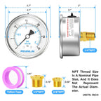 MEANLIN MEASURE 0~30Psi Stainless Steel 1/4" NPT 2.5" FACE DIAL Liquid Filled Pressure Gauge WOG Water Oil Air Center Back Mount, with 1/2" NPT and 3/8" NPT Hex Bushing