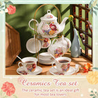 Zhehao 20 Pcs Porcelain Tea Set with Metal Holder and Spoon Adult Ceramic Tea Party Set European Flower Painting Teapot Cup Saucer Spoon for Women, Large Version (Styleish Style)