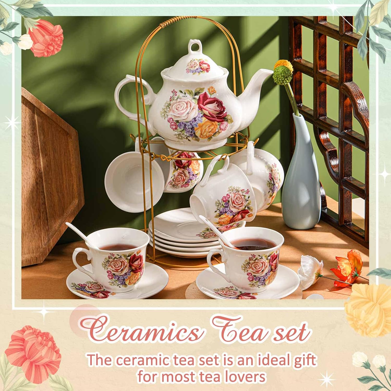 Zhehao 20 Pcs Porcelain Tea Set with Metal Holder and Spoon Adult Ceramic Tea Party Set European Flower Painting Teapot Cup Saucer Spoon for Women, Large Version (Styleish Style)