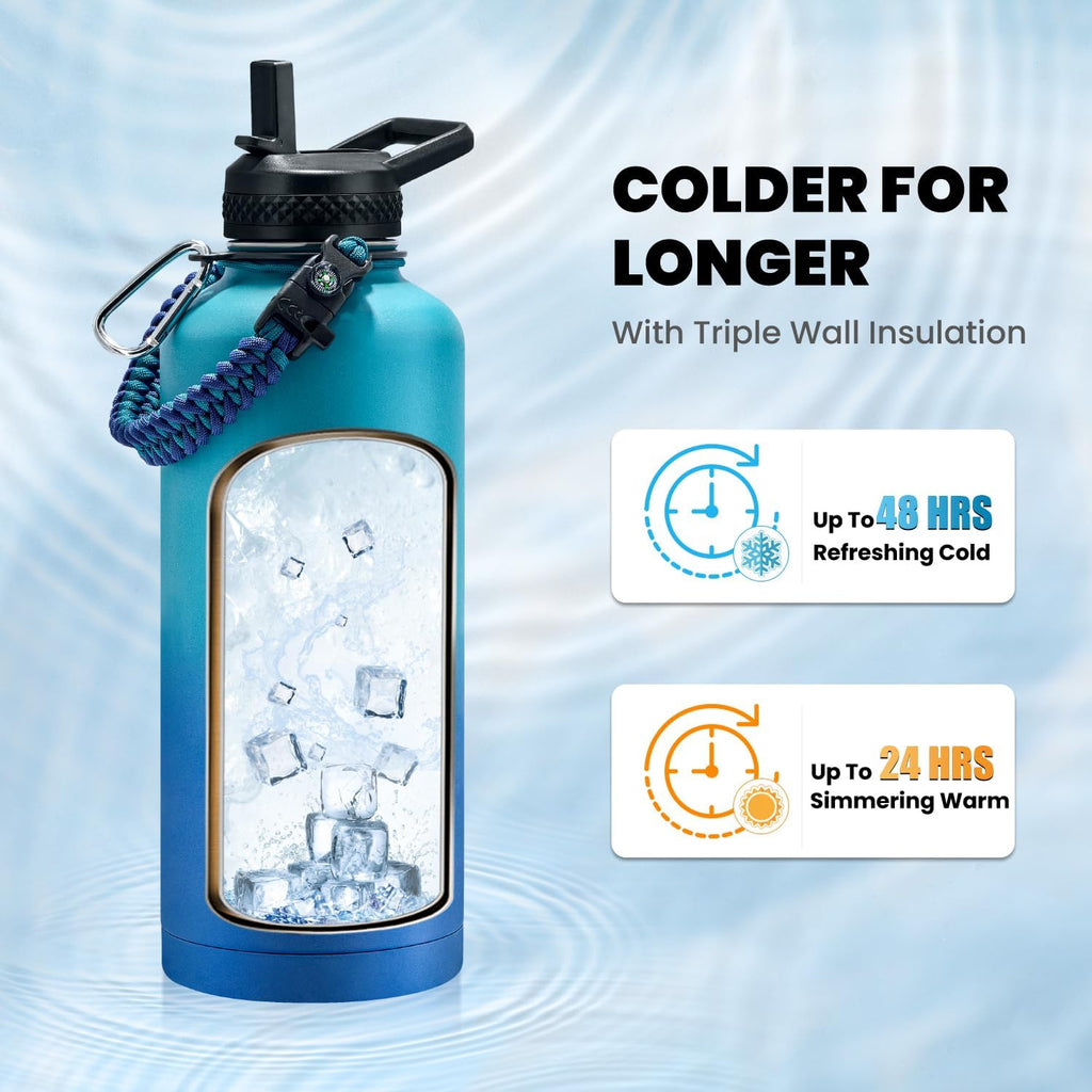 Insulated Water Bottle 87 oz, Triple Wall Vacuum Stainless Steel (Cold for 48 Hrs), Leak Proof & Non-BPA, Modern Water Flask Jug with Paracord Handle & Straw Spout Lids, Cyan Blue