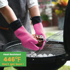 GEEKHOM BBQ Gloves Heat Resistant Oven Mitts - Silicone Grilling Gloves with 13.7" Arm Protection - Waterproof Pot Holder Non-Slip for Men & Women, Kitchen Outdoor Cooking, Baking, Camping, Pink