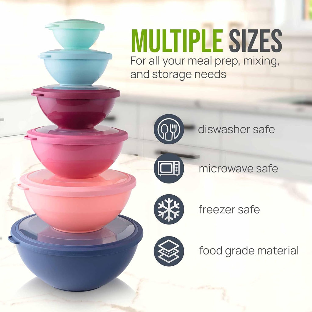Zulay Kitchen 12 Piece Plastic Mixing Bowls with Leak-Proof Lids Set - Microwave and Freezer Safe Kitchen Mixing Bowls for Preparing, Serving and Storing - Large Nesting Bowls (Cotton Candy Ombre)