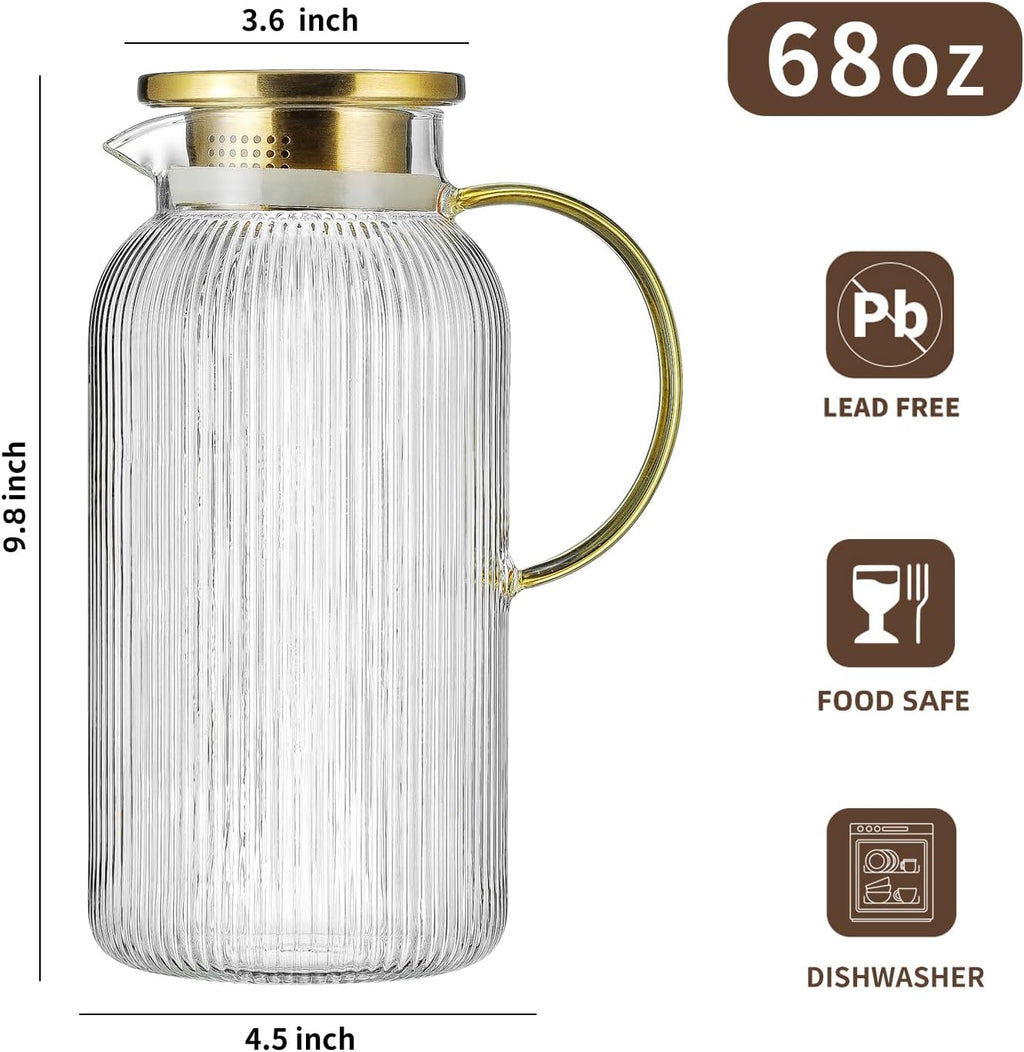 Glass Pitcher with Lid, 68 oz/2 Liter Classic Vertical Stripes Water Pitcher,Glass Water Carafe for Cold Brew, Coffee, Lemonade, Iced Sun Tea,Beverage,Milk, Heat Resistant