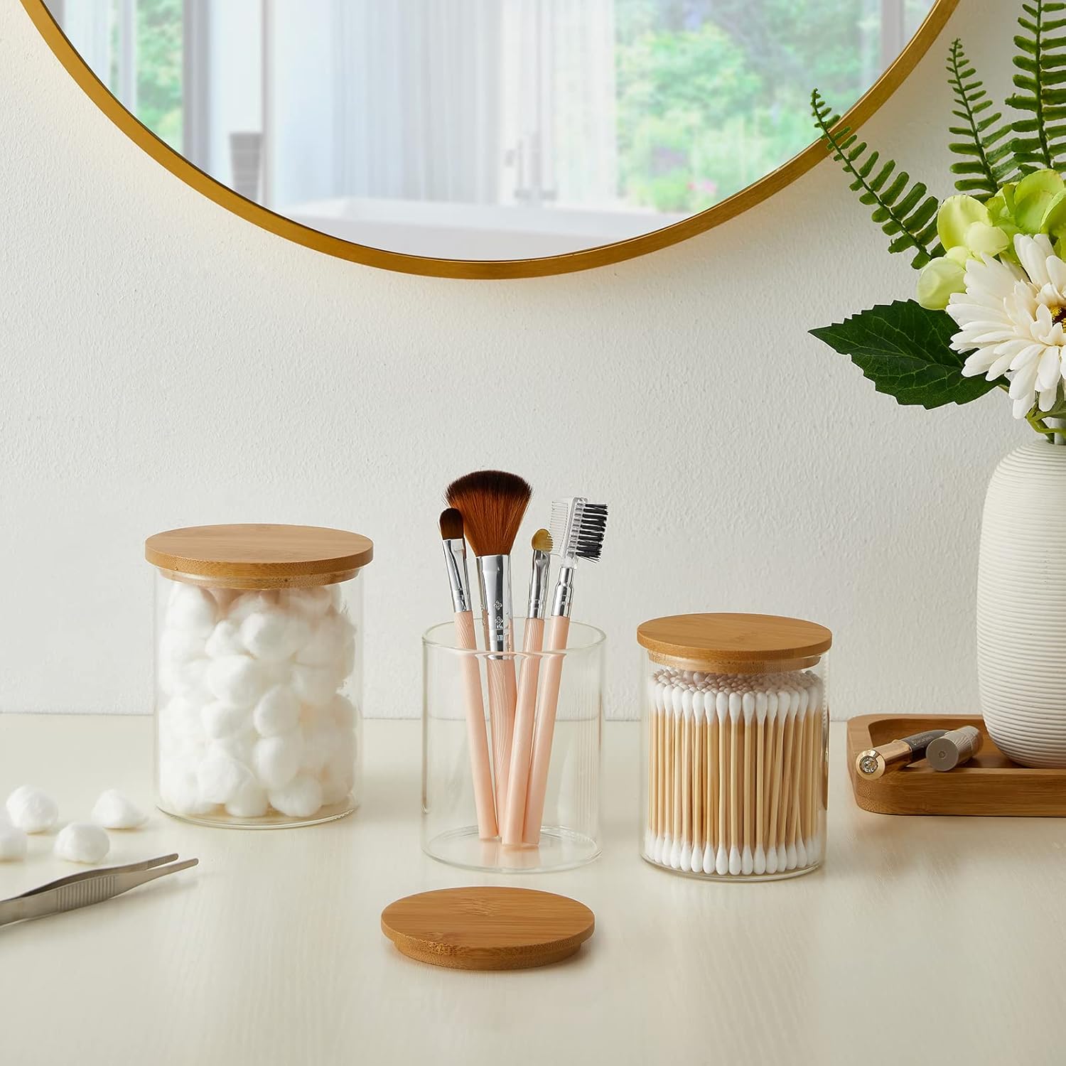 Glass Qtip Holder Dispenser with Bamboo Lid - 2 Pack Apothecary Jars - Cotton Balls Pads Swabs Holder Jar - Bathroom Vanity Canisters Jars for Countertop Storage and Organization