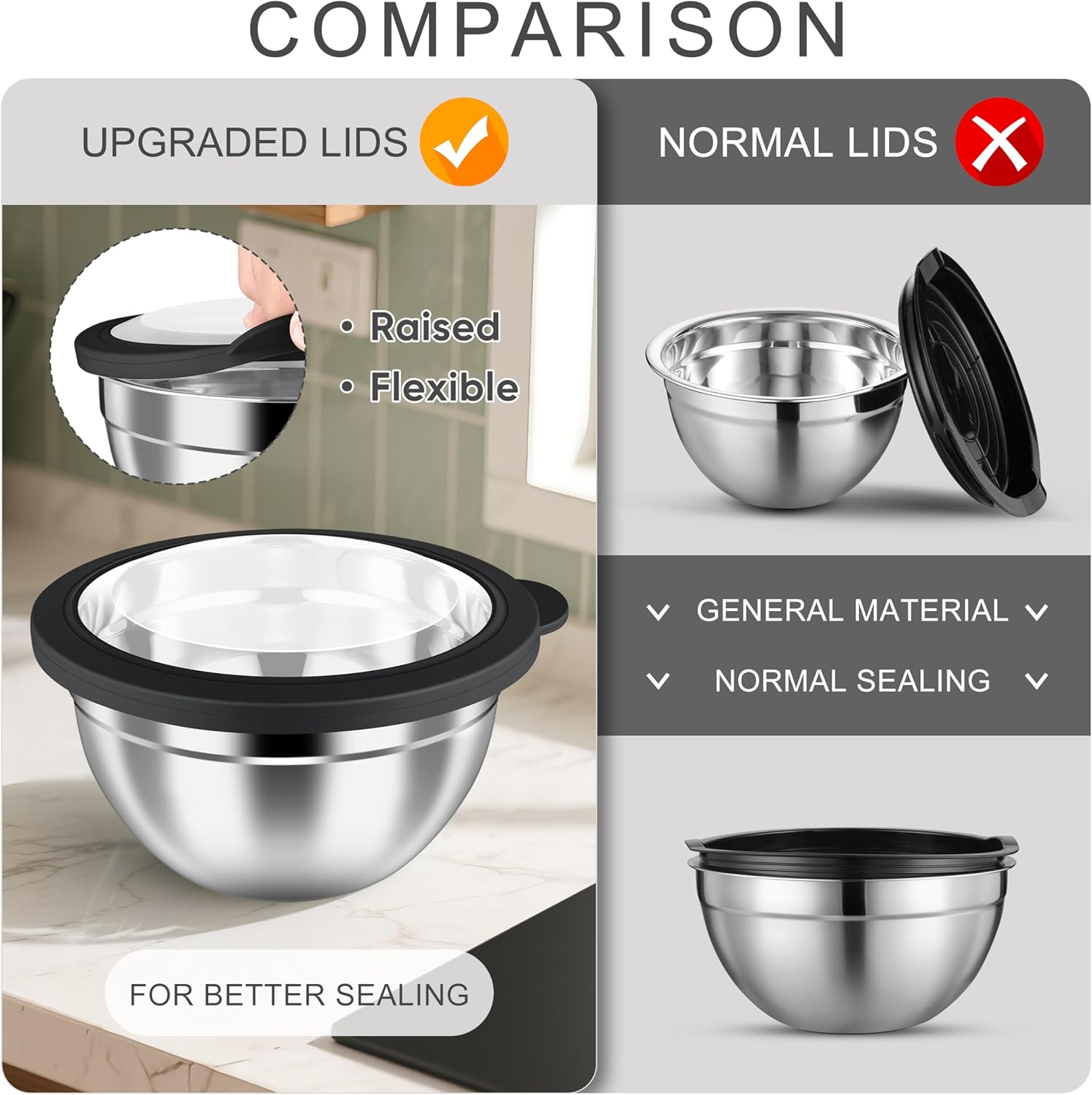 HaWare Mixing Bowls with Airtight Clear Lids, 6-Piece Stainless Steel Strong Nesting Bowls Set, Metal Salad Bowl for Cooking, Prepping, Baking, Serving & Food Storage, Size 4.6, 3, 1.5QT, Black