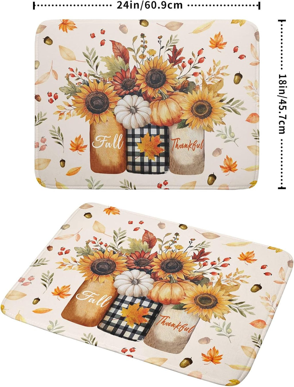 Autumn Sunflowers Vase Dish Drying Mat for Kitchen Counter,Fall Pumpkin Maple Leaves Drying Mat 18 x 24 Inch with High Absorbent Microfiber Dish Drying Drainer Mat for Coffee Bar