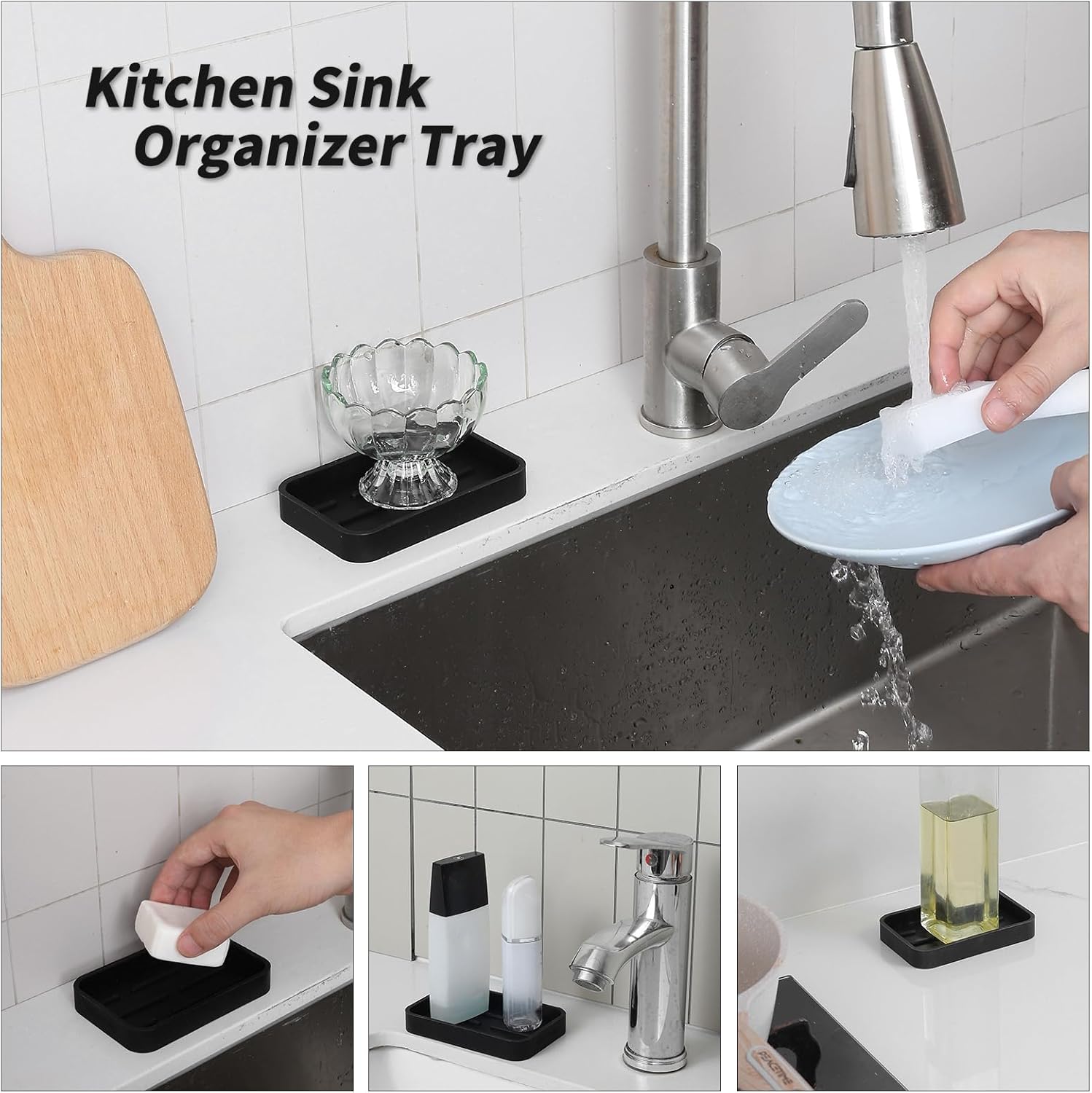 Silicone Kitchen Sink Organizer Tray for Multiple Usage,Easy Clean Sponges Holder for Kitchen Bathroom Counter or Sink,Dish Soap Dispenser,Scrubber,Bottle,Cup Black 4.9”x 3.2”