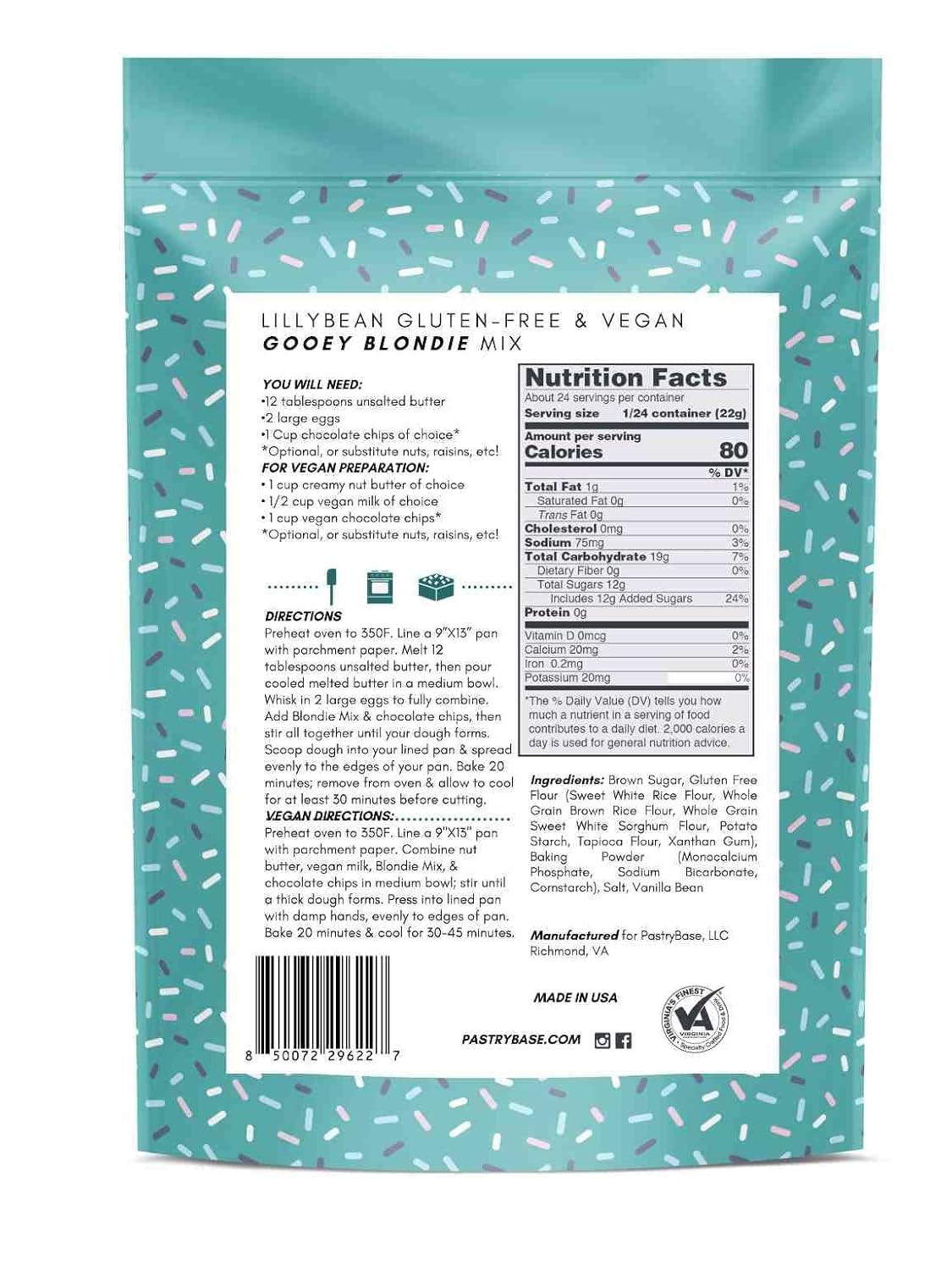 LillyBean Gluten Free Gooey Blondie Mix with No Artificial Colors - Dairy and Soy Free, Vegan - Makes Delicious Desserts - Skillet Cookies, Breakfast Bars, Cake Pops - 18 oz