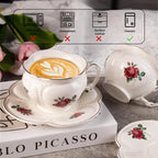 KAMMAK Tea Cups and Saucers Set of 2, Porcelain Coffee Cups, 6.8-Ounce Stackable Espresso Mugs, Ceramic Demitasse for Coffee, Latte, Americano, Tea, Baroque Rose