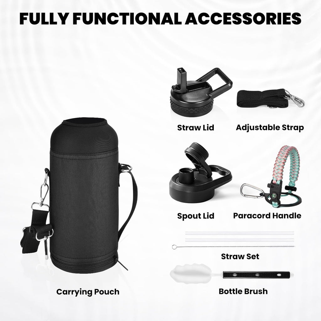 Insulated Water Bottle 32 oz, Triple Wall Vacuum Stainless Steel (Cold for 48 Hrs), Leak Proof & Non-BPA, Modern Water Flask Jug with Paracord Handle & Straw Spout Lids, Hydrangea