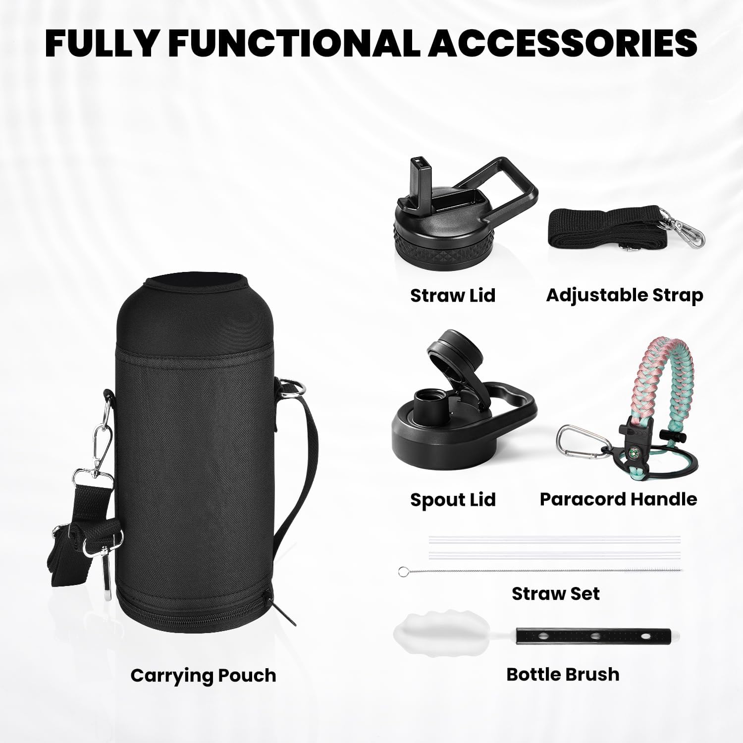 Insulated Water Bottle 32 oz, Triple Wall Vacuum Stainless Steel (Cold for 48 Hrs), Leak Proof & Non-BPA, Modern Water Flask Jug with Paracord Handle & Straw Spout Lids, Hydrangea