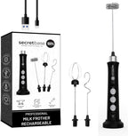 Secretbase 3 Speed Rechargeable Milk Frother Handheld, USB Charging Cradle - Stainless Steel Whisk for Bulletproof Coffee, Espresso Whipper, Mini Electric Stirrer (Black Frother without Pitcher)