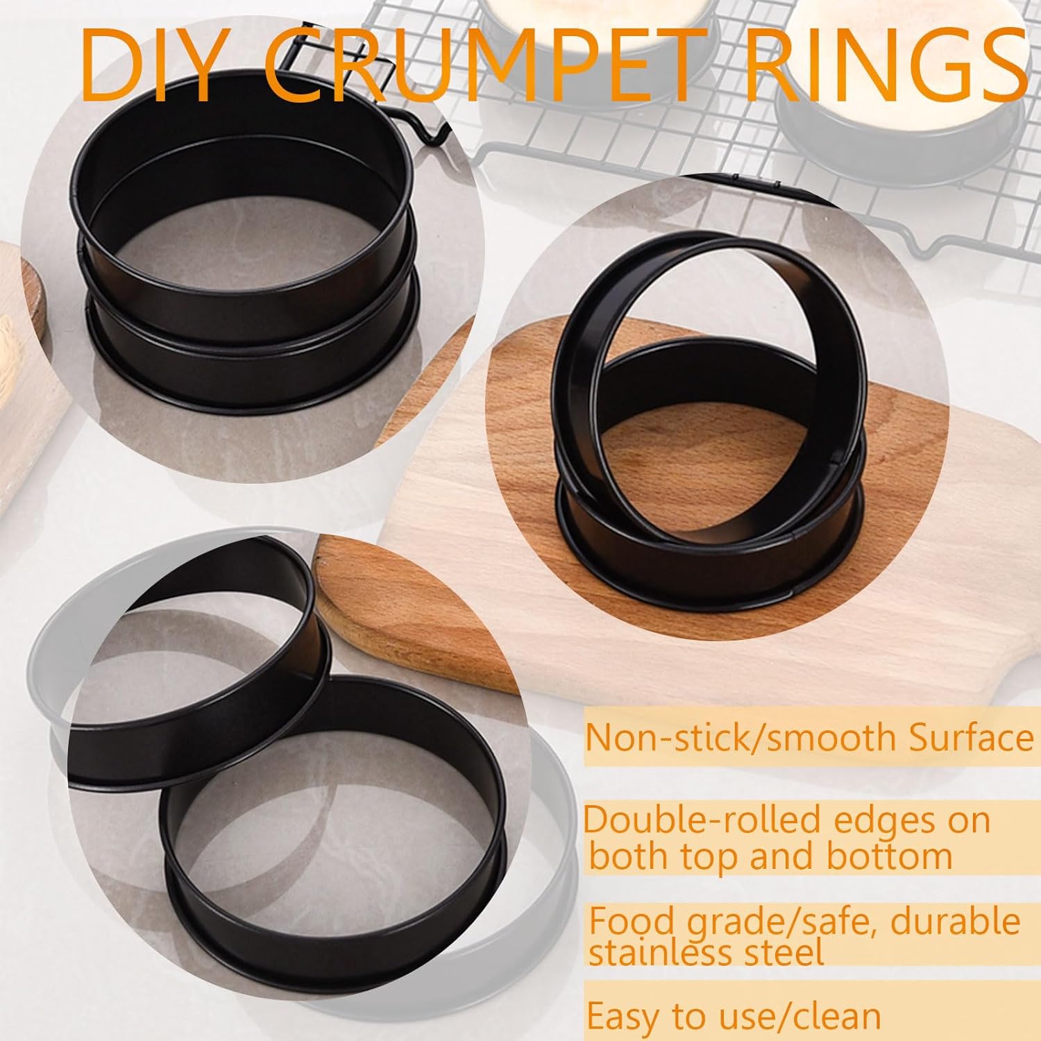 12Packs Crumpet Rings Nonstick 4 Inch English Muffin Ring Stainless Steel Double Rolled Tart Rings Metal Pastry Cooking Baking Ring Molds