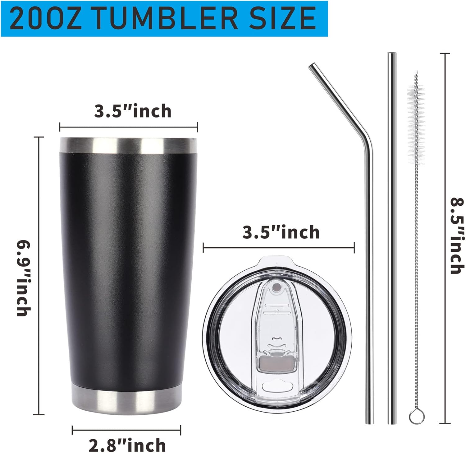 Pandance 20oz Stainless Steel Insulated Tumblers with Lid and Straw Bulk, Double Wall Vacuum Water Cups for Hot & Iced Coffee Drinks Travel Mug (Black, 1 pack)